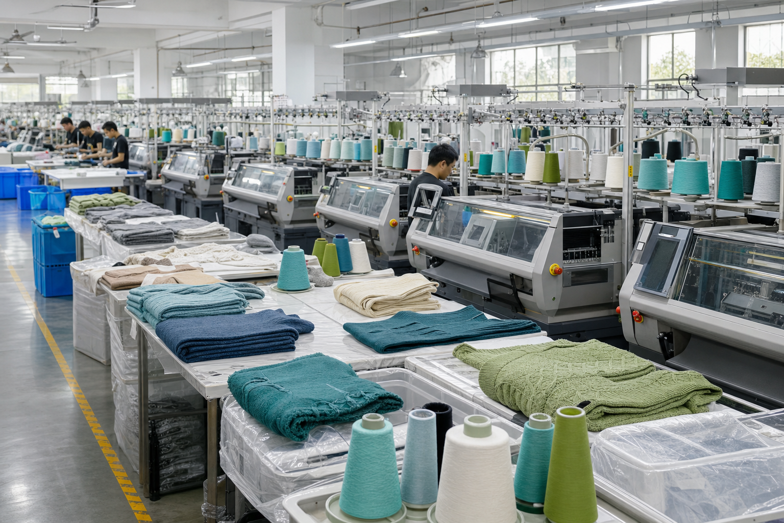 Knitwear production floor with computerized machines and folded garments