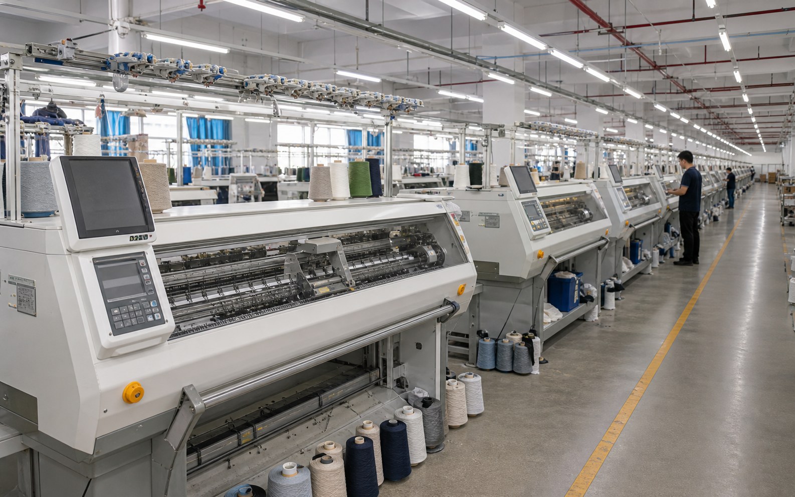 Computerized flat knitting machines in the factory workshop