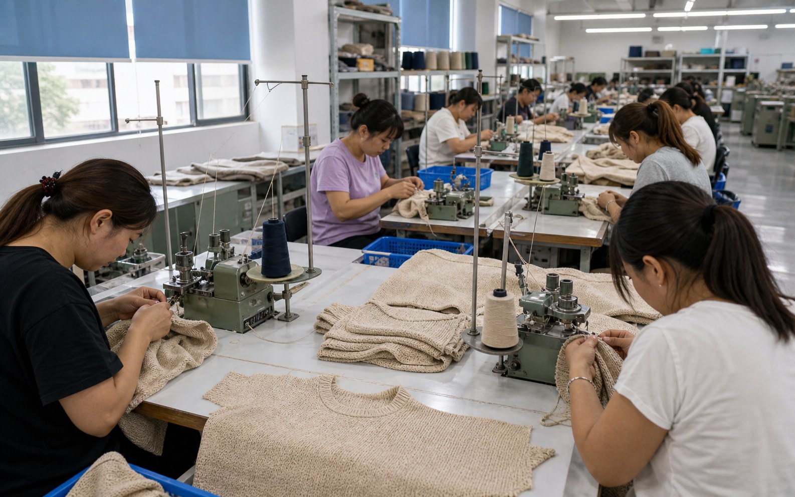 Knitwear linking and assembly workshop line