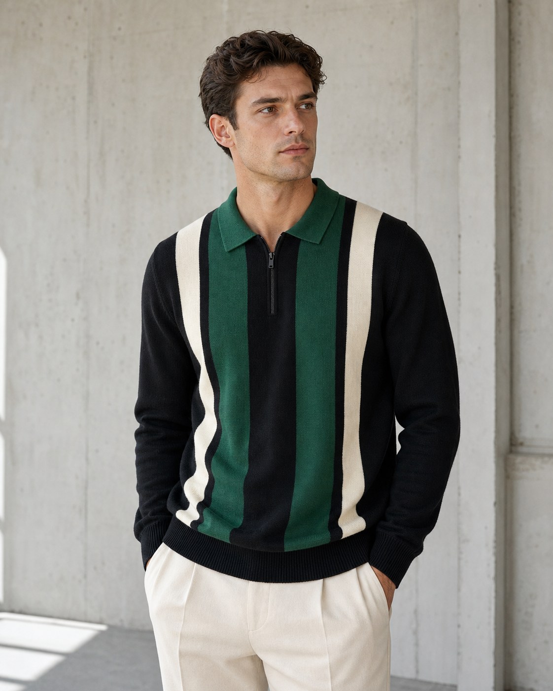 Male model wearing a green black and cream striped knit polo