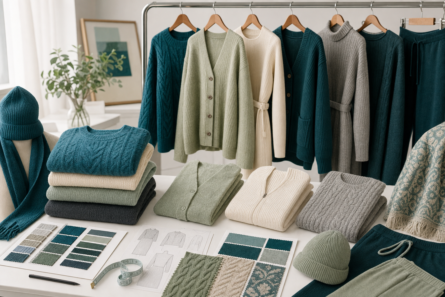 Knitwear categories, fabric swatches, design sketches, and yarn color cards