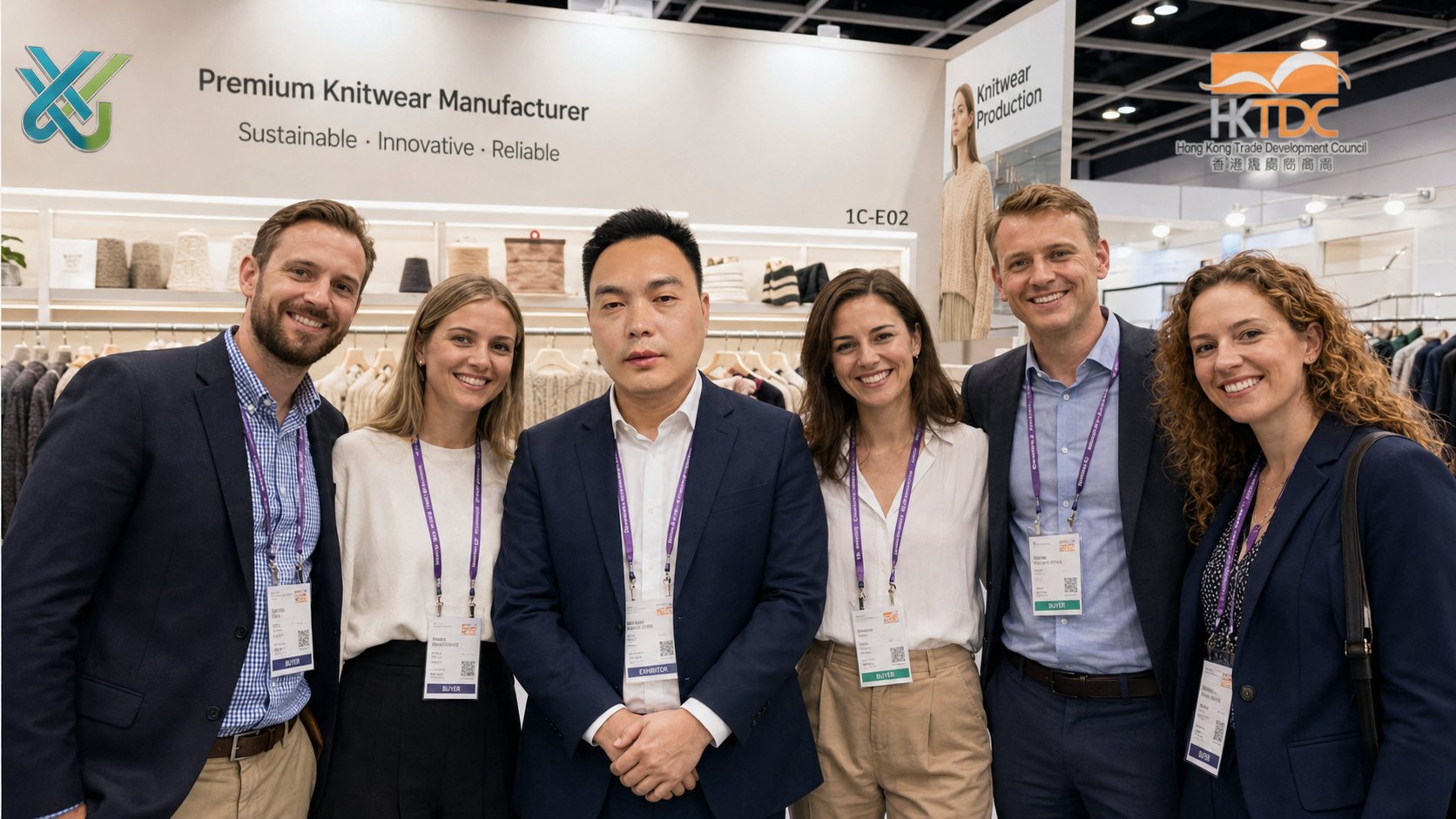 Xinjunwei representative with overseas buyers at a Hong Kong trade fair booth