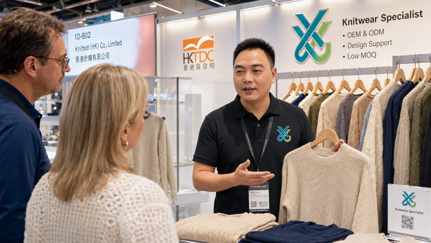 Xinjunwei representative presenting knitwear samples to buyers