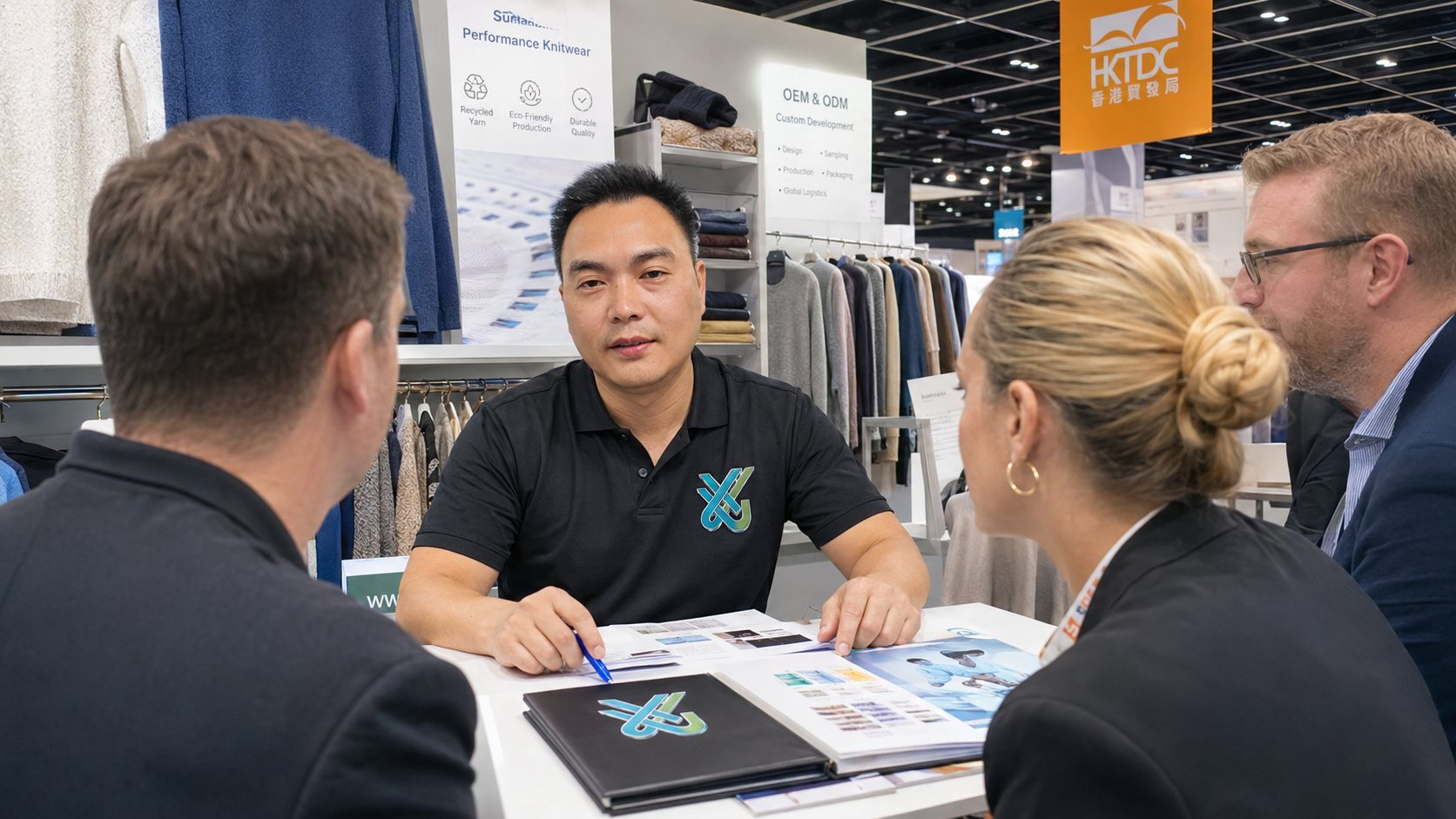 Xinjunwei representative discussing knitwear requirements with overseas buyers